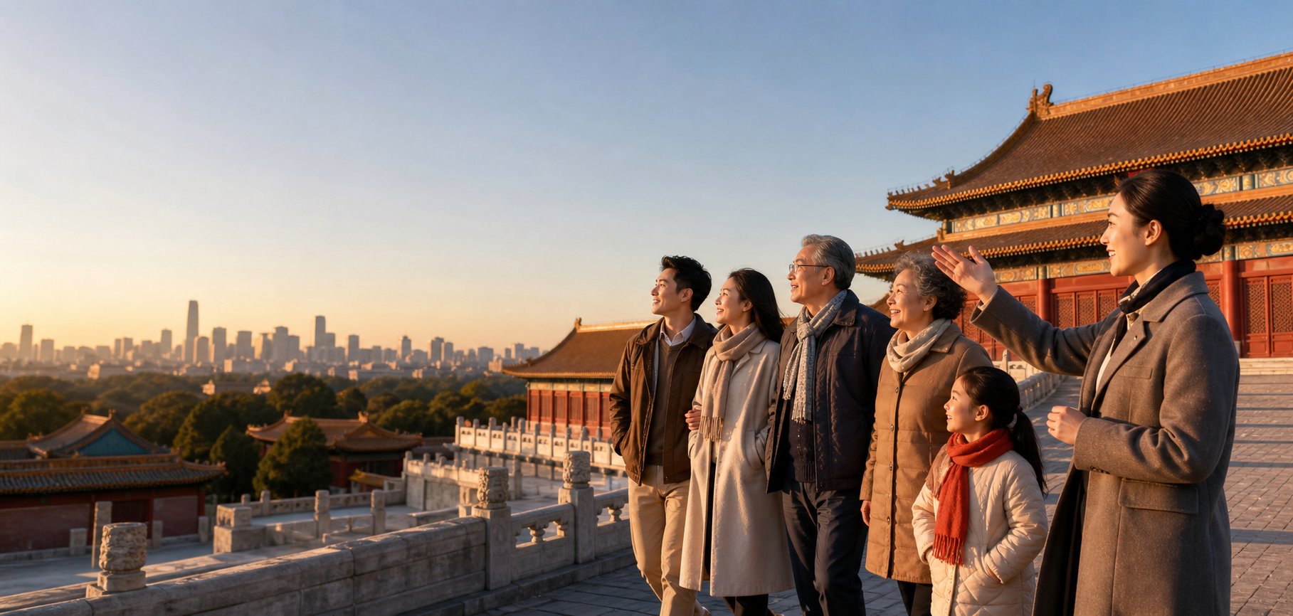 一家人在北京城市地标前轻松旅行